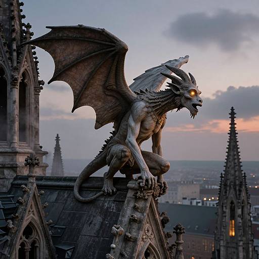Photograph of a detailed, menacing stone gargoyle with glowing yellow eyes perched on a gothic cathedral rooftop at dusk.