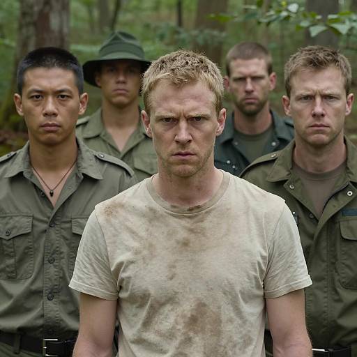 Four Men in a Dense Forest Scene