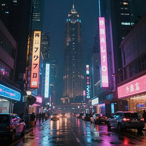 Neon-lit, rain-soaked city street at night in a photograph, featuring vertical Japanese signs, illuminated skyscrapers, and reflections on wet