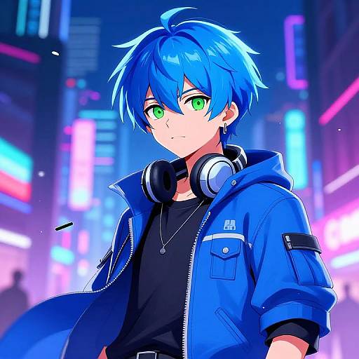 Digital anime-style drawing of a blue-haired, green-eyed boy in a blue jacket, black shirt, and headphones, standing in a vibrant, neon-l