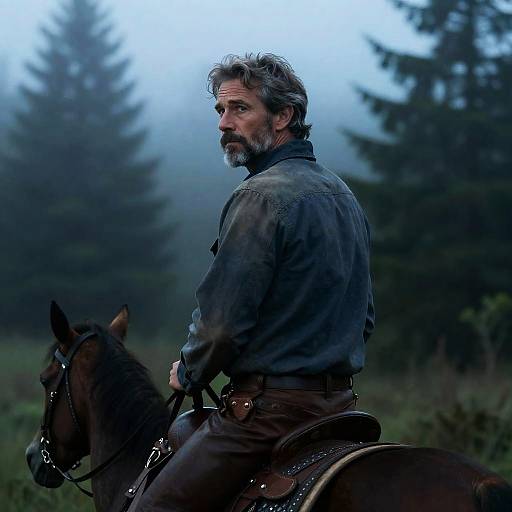 Mature Man Riding Horse in Foggy Evergreen Forest