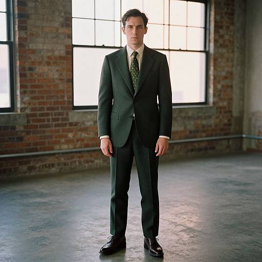 Photograph of a tall, handsome man in a dark green suit with a green patterned tie, standing confidently in a bright, industrial-style room with