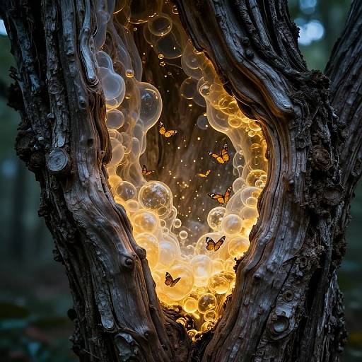 Photograph of a tree with a glowing, orange, bubble-like light formation inside a hollow, weathered, dark brown bark.
