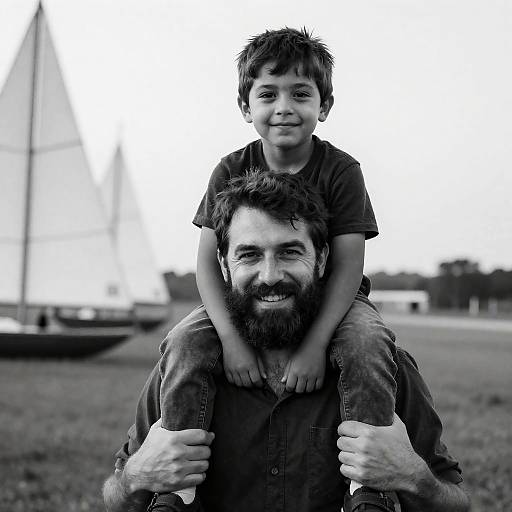 Father Carrying Son on Shoulders Outdoors
