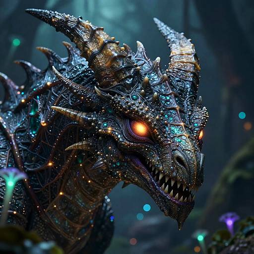 Alien Dragon Head in Bioluminescent Forest