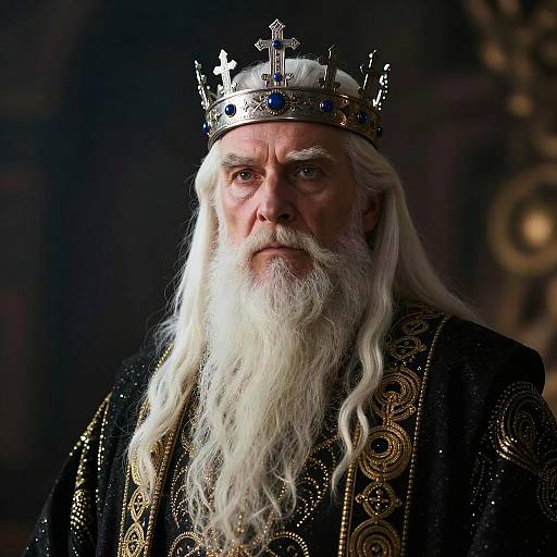 Photograph of an elderly white man with a long white beard, wearing a silver crown adorned with crosses, and a black ornate robe, set against