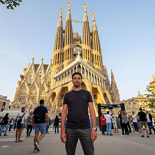 Photograph of a bearded man in a black t-shirt standing in front of a crowd at Barcelona's Sagrada Família, with its iconic golden