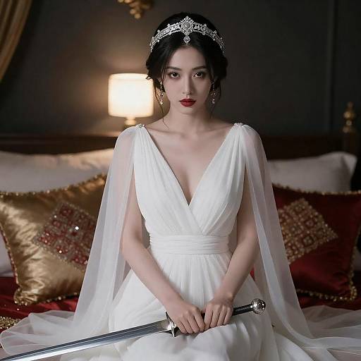 Regal Woman with Sword on Bed
