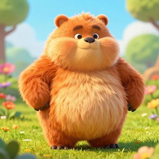 Chubby Furry Character in Floral Scene