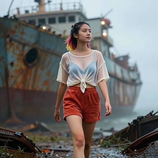 Photograph of an Asian woman with pink-dyed hair, wearing a white mesh top and red shorts, walking past a rusty, abandoned ship in