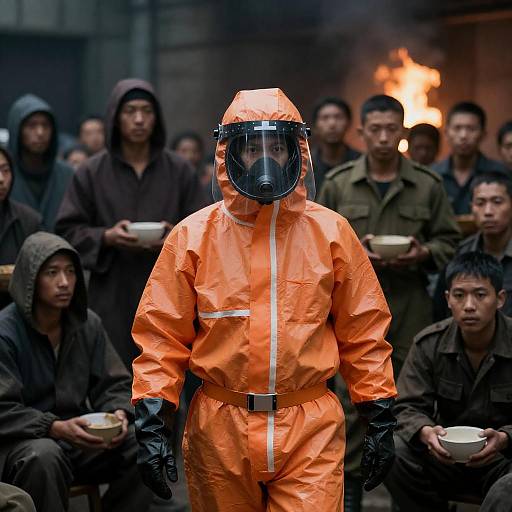 Man in Orange Hazmat Suit Among Crowded Group