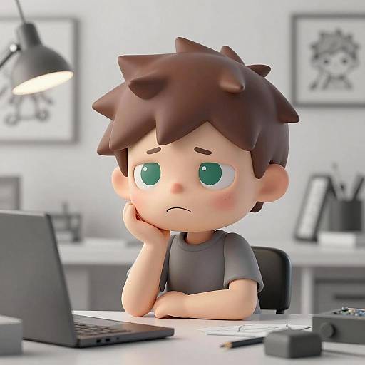 Worried Cartoon Character at Cluttered Desk