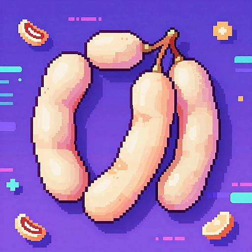 Pixel art of three ripe, peach-colored bananas with a brown stem on a vibrant purple background, surrounded by small orange and pink star shapes.