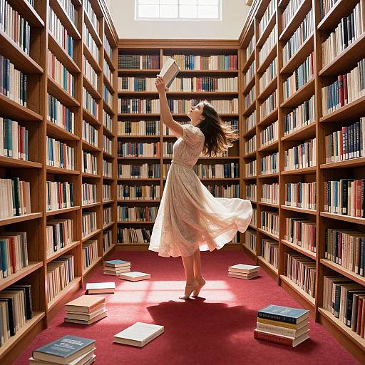 Photograph of a joyful woman in a flowing white dress, dancing in a sunlit library aisle, holding a book, surrounded by wooden bookshelves