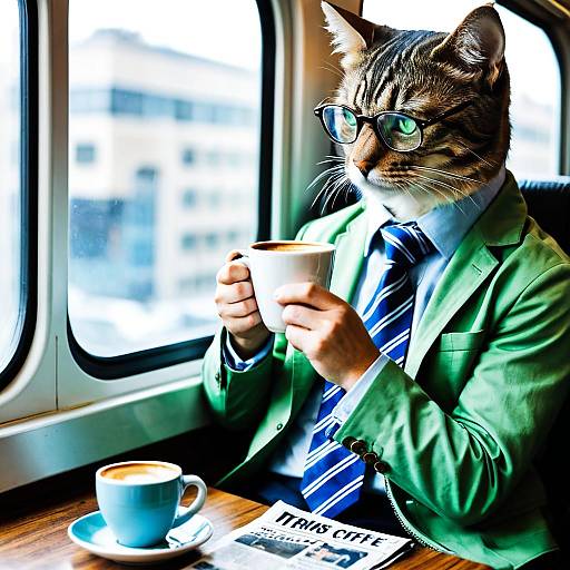 Cat in Suit Drinking Coffee on Train