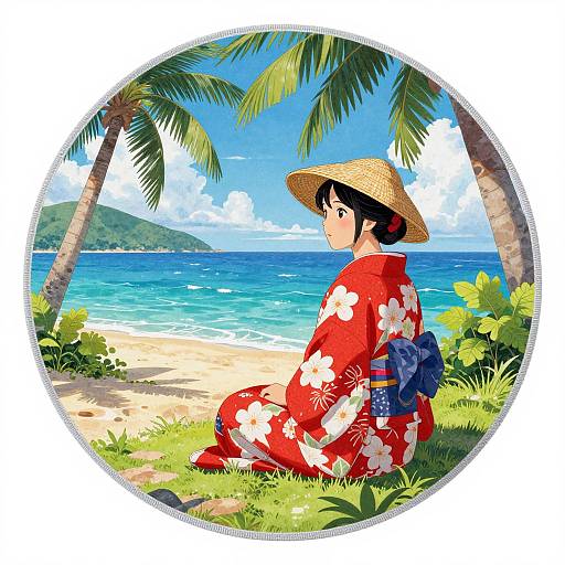 Digital anime-style illustration of a young woman in a red floral kimono and straw hat, sitting on a tropical beach with palm trees, clear blue ocean