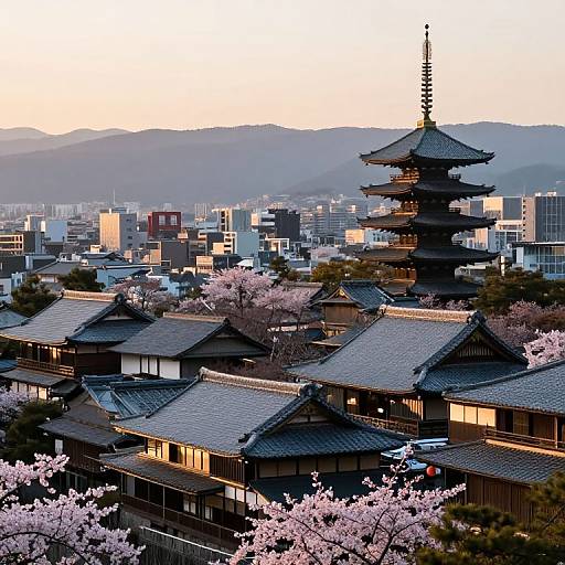 Photograph of a traditional Japanese town at sunset, featuring a towering black pagoda amidst cherry blossom trees, with a modern cityscape and mountainous background