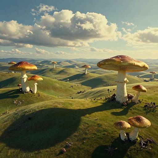 Photograph of a rolling, sunlit hillside with large, red-capped mushrooms casting long shadows under a bright, partly cloudy sky.