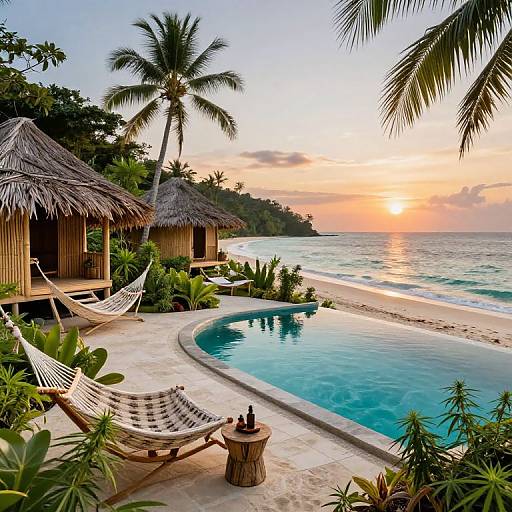 Photograph of a tropical beach resort at sunset, featuring thatched-roof huts, hammocks, a curved pool, and palm trees along a