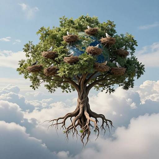 Photorealistic digital image of a majestic tree with numerous bird nests and white birds, floating against a bright blue sky with fluffy clouds. Tree roots visible