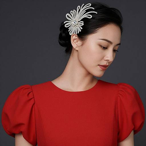 Photograph of an Asian woman with fair skin, black hair in a bun, wearing a white floral hairpin, and a vibrant red dress with p
