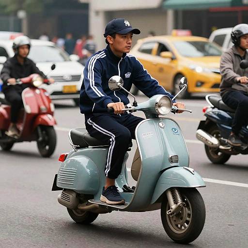 Man riding classic moped in sportswear on busy street