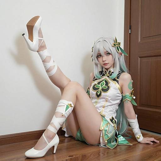 White-Haired Cosplayer Sitting Pose