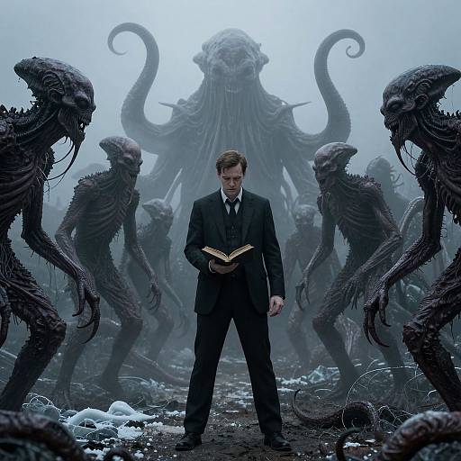 Photograph-style CGI: A serious man in a black suit holding a book stands center, surrounded by menacing, tentacled alien creatures in a fog