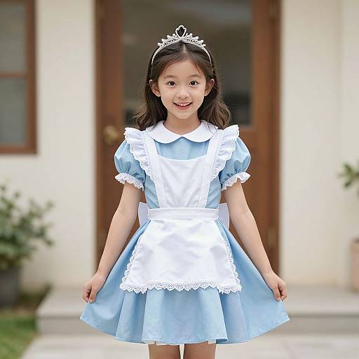 Photograph of a young Asian girl with long black hair, wearing a silver tiara, light blue satin dress with white lace trim, standing in front