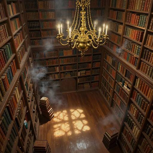 Photograph of a dimly lit, wooden library with bookshelves, a golden chandelier, and smoke rising from a sunbeam on the floor