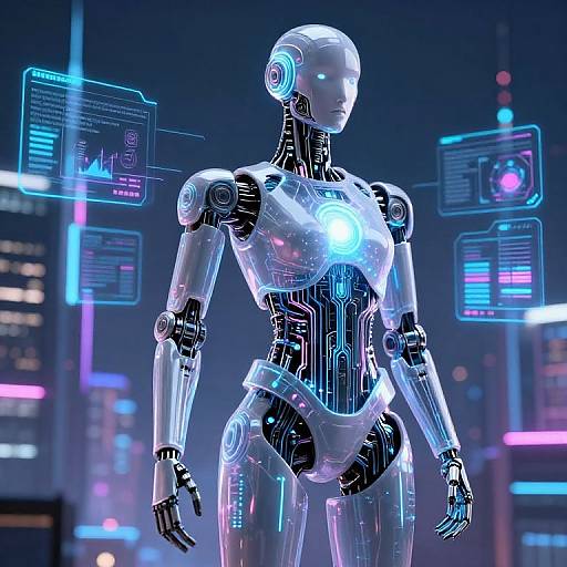 Futuristic CGI image of a glowing, silver humanoid robot with neon blue accents, standing in a cyberpunk cityscape with holographic screens.