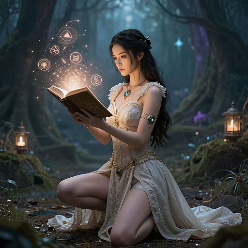 Digital fantasy artwork: A fair-skinned, dark-haired woman in a glowing, ornate dress kneels in a mystical forest, reading a magical book