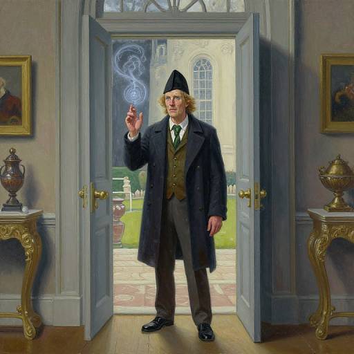 Digital painting of a blonde man in 18th-century attire smoking a pipe, standing in a grand, open doorway, with ornate side tables and
