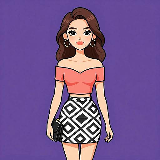 Digital illustration of a smiling woman with long brown hair, wearing a pink off-shoulder top, black-and-white geometric skirt, hoop earrings, and