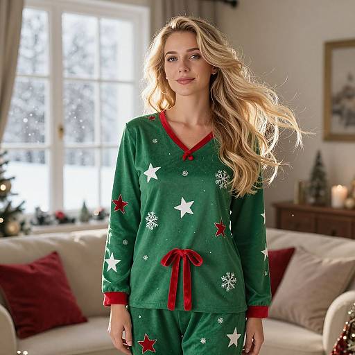Photograph of a blonde woman with wavy hair wearing green Christmas pajamas with red trim and white stars, standing in a brightly lit living room with