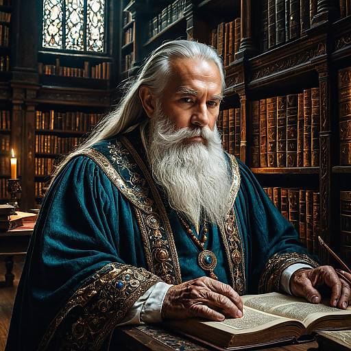 Elderly Scholar in Ornate Robes in Ancient Library