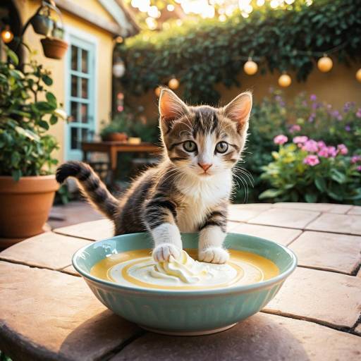 Kitten Playing with Cream on Garden Patio