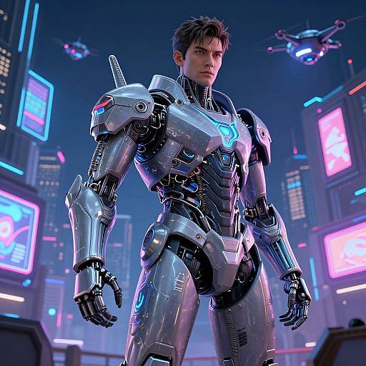 CGI image of a muscular, dark-haired man in a futuristic, silver, armored suit with blue accents, standing in a neon-lit, cyber