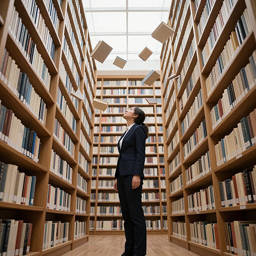 Photograph of a man in a black suit standing in a library aisle with tall wooden bookshelves, books falling from above.