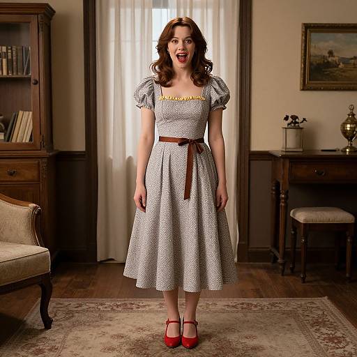 Photograph of a smiling woman with wavy brown hair in a vintage white polka-dot dress, red shoes, and brown belt, standing in a