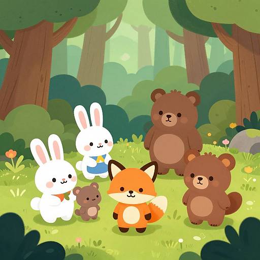 Cute digital illustration of a forest scene featuring a white bunny, blue-shirted bunny, orange fox, two brown bears, and a tiny brown bear