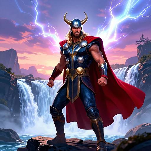 Muscular, horned warrior in black armor and red cape stands confidently before a waterfall, lightning illuminating the stormy sky. Digital art.