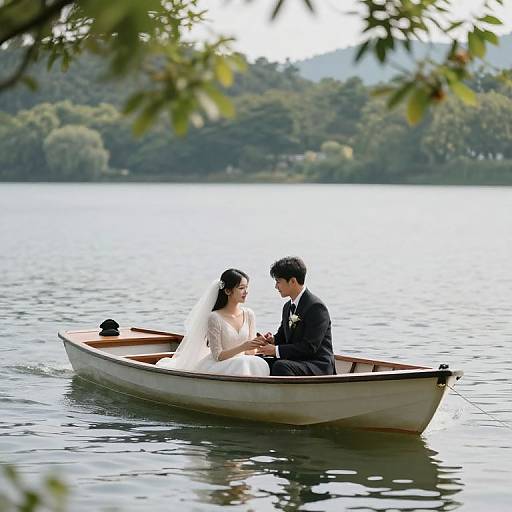 Photograph of a bride in a white lace dress and groom in a black suit, sitting in a small wooden boat on a calm lake, holding hands