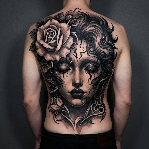 Intricate Black and Grey Back Tattoo
