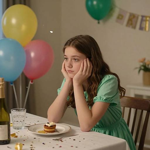 Photograph of a young girl with long brown hair, wearing a green dress, resting her head on her hands, looking sad at a table with a