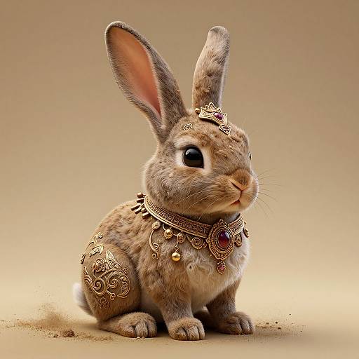 Photorealistic CGI of a regal, brown rabbit with large ears, adorned in ornate, gold jewelry with red gemstones, sitting on a