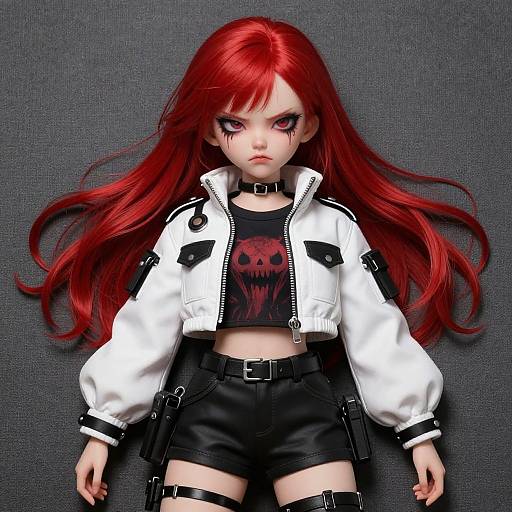 Digital art of a gothic anime girl with red hair, white jacket, black shorts, and straps, against a dark textured background.