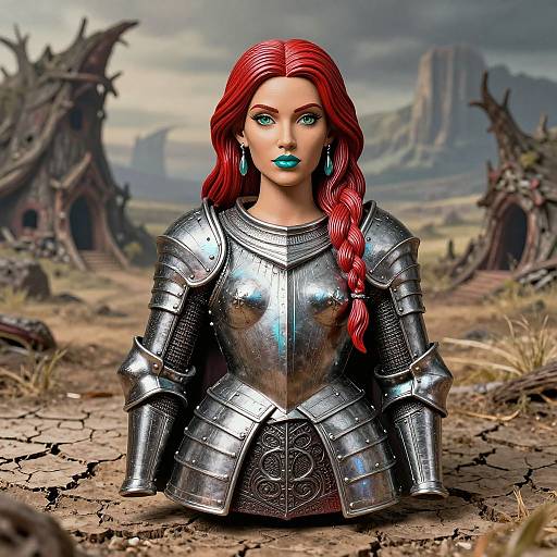 Photorealistic digital art of a red-haired woman with blue lips, wearing shiny silver medieval armor, set in a desolate, ruined landscape.