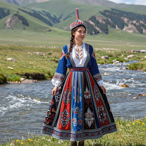 Photograph of a young woman in traditional, colorful, embroidered dress and hat, standing by a flowing river in a lush, green mountainous landscape.