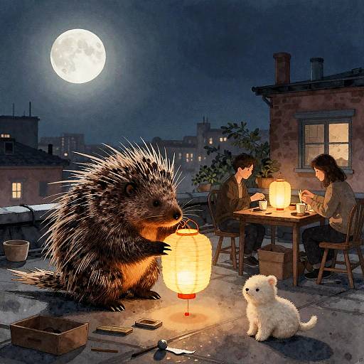Moonlit Porcupine Assembling Glowing Paper Lanterns